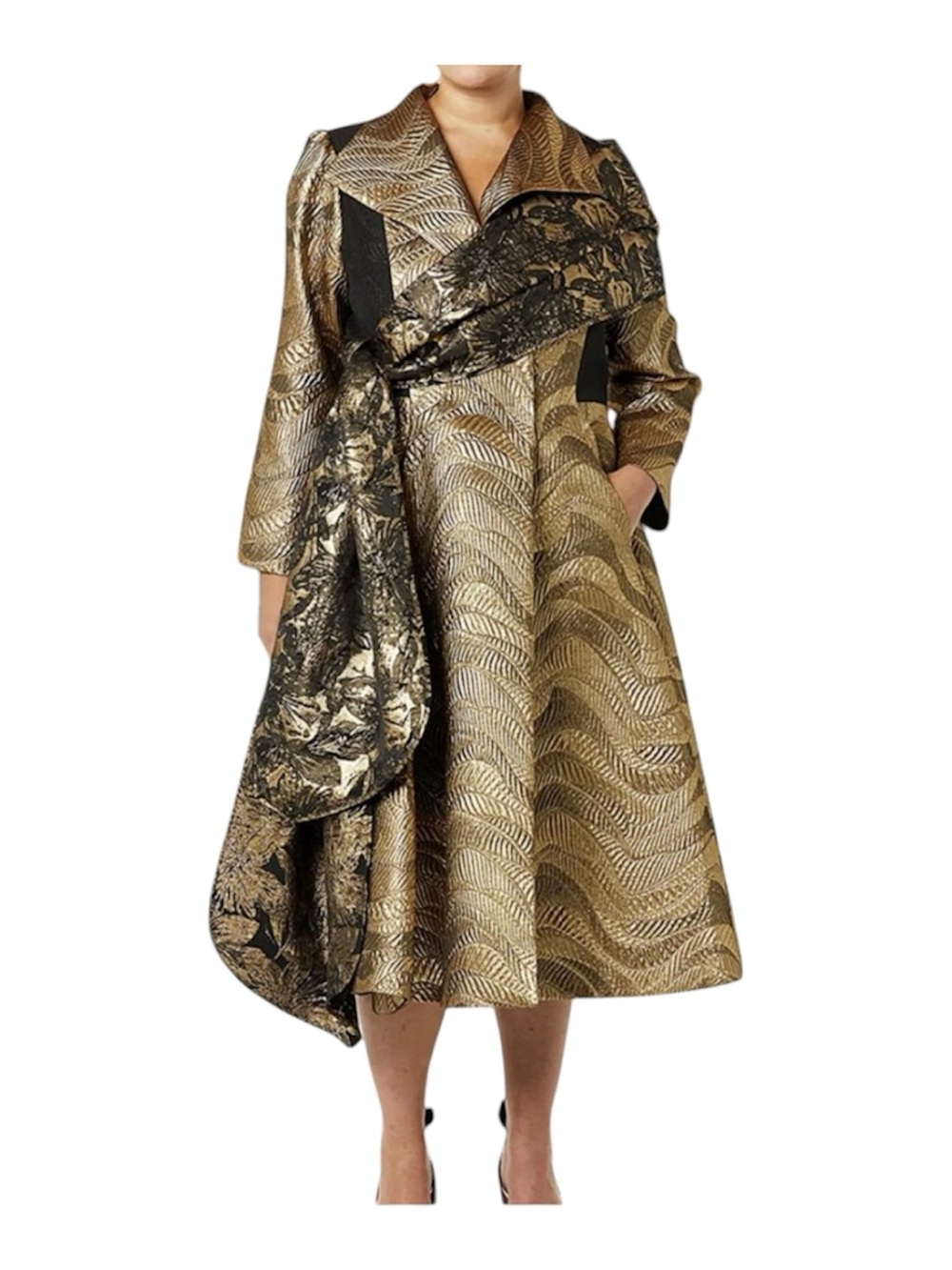 Making the cut Elegant Gold Brocade A-Line Dress with Draped Sash